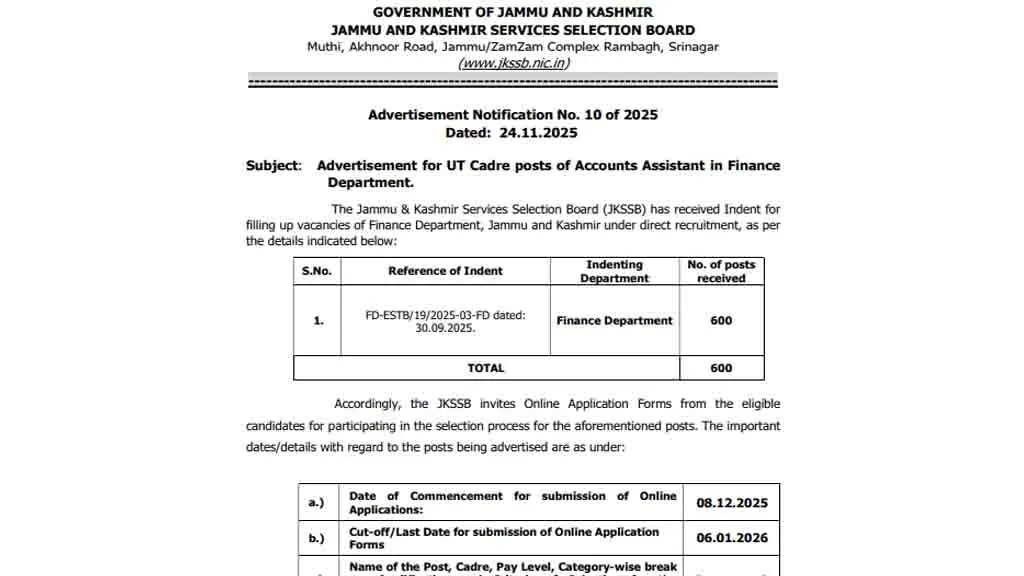 JKSSB Accounts Assistant