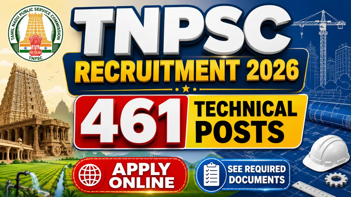 Apply online for TNPSC Combined Technical Services (Non-Interview) Recruitment 2026. Get complete details on 461 vacancies for Assistant Engineers, Agriculture Officers, Geologists, exam pattern, eligibility criteria, and the exact list of documents required to apply.