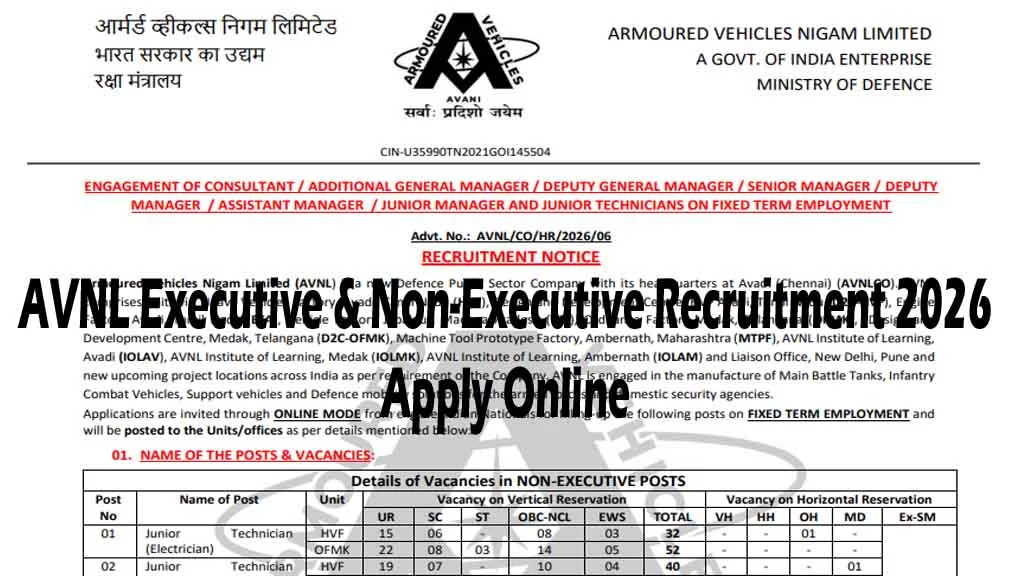 Apply online for AVNL Executive & Non-Executive Recruitment 2026. Check 1213 vacancies, eligibility, age limit, salary, selection process & important dates.
