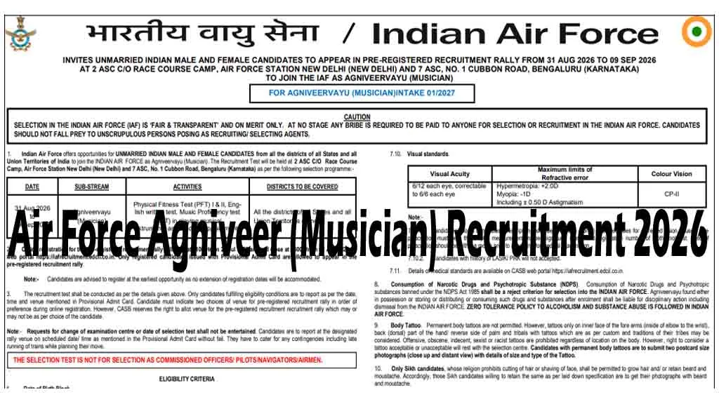 Apply online for Air Force Agniveer (Musician) Recruitment 2026. Check eligibility, age limit, music proficiency, rally dates, selection process & notification.