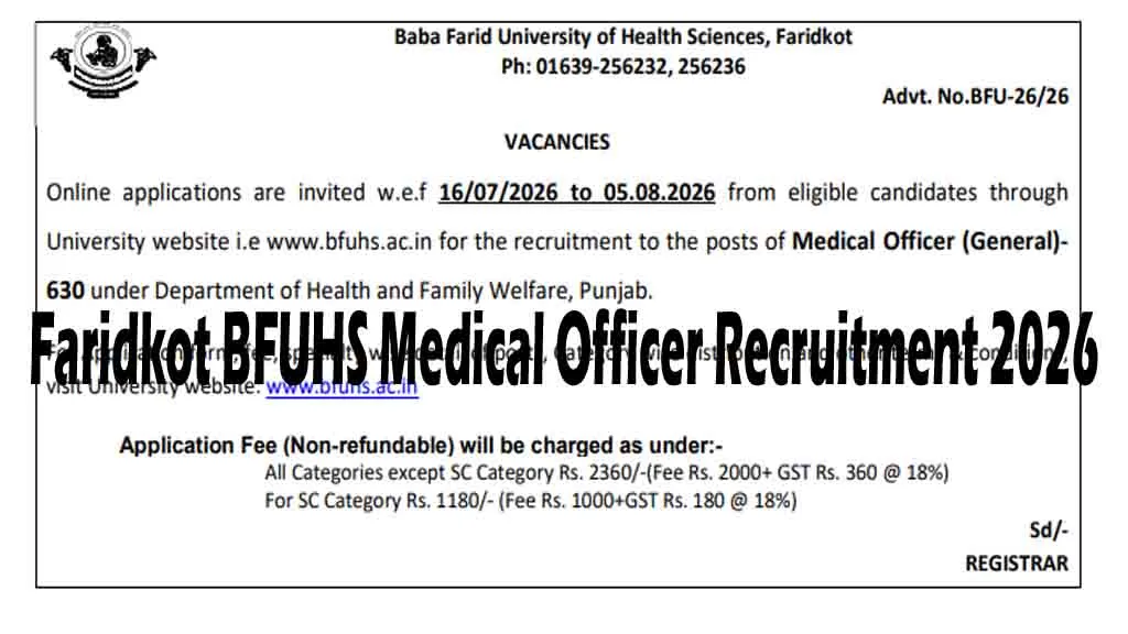 Apply online for Faridkot BFUHS Medical Officer Recruitment 2026. Check 630 vacancies, eligibility, age limit, salary, selection process & important dates.