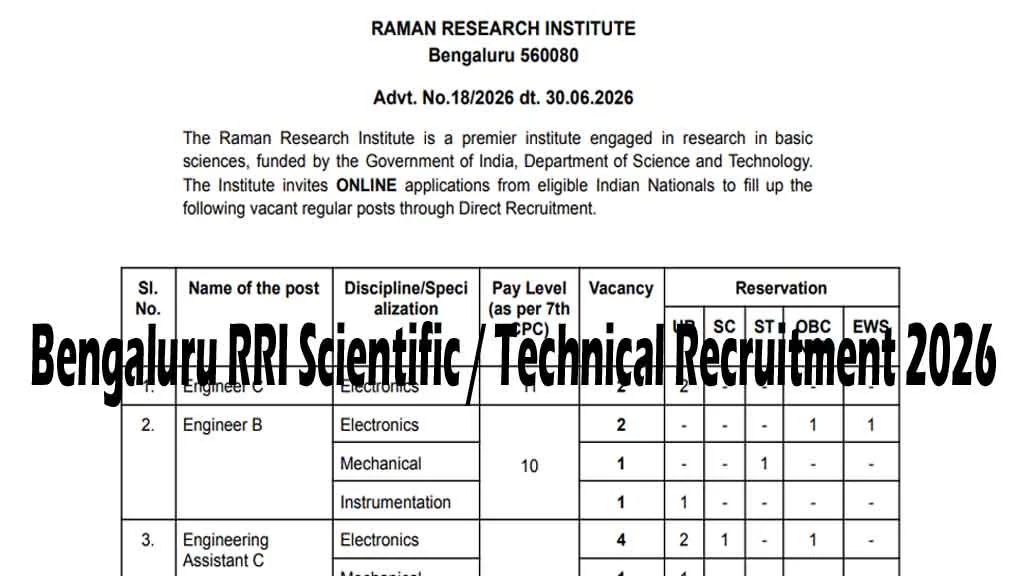 Apply online for Bengaluru RRI Scientific / Technical Recruitment 2026. Check 22 vacancies, eligibility, age limit, salary, selection process & important dates.