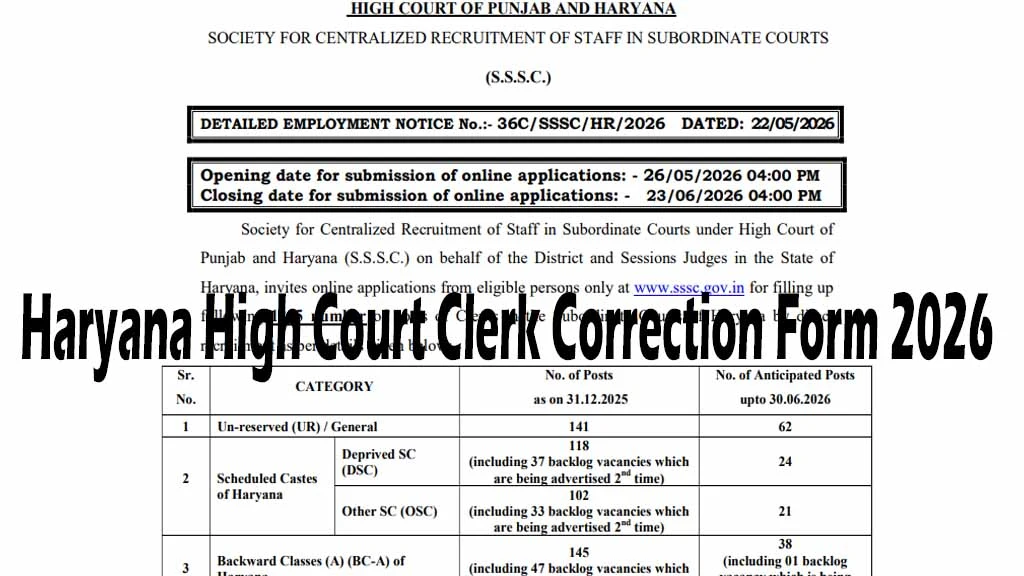 Haryana High Court Clerk Correction Form 2026 is now available. Edit photo, signature, documents & application details for 1265 Clerk posts online.