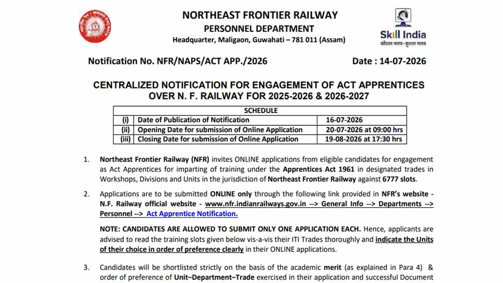 Apply online for NFR Apprentice Recruitment 2026. Check 6777 vacancies, eligibility, age limit, ITI trades, merit list, important dates & notification.