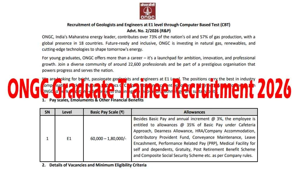 Apply online for ONGC Graduate Trainee Recruitment 2026. Check eligibility, age limit, GATE score, salary, selection process & important dates.