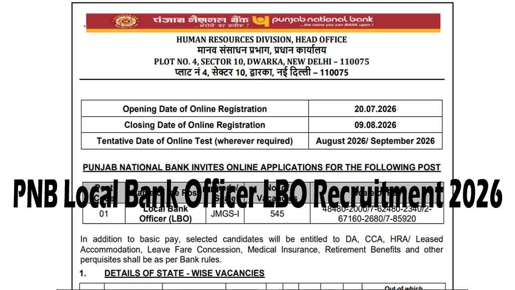 Apply online for PNB Local Bank Officer (LBO) Recruitment 2026. Check 545 vacancies, eligibility, age limit, salary, selection process & important dates.