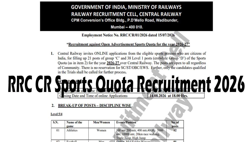 Apply online for RRC CR Sports Quota Recruitment 2026. Check 59 vacancies, eligibility, sports quota criteria, age limit, selection process & important dates.