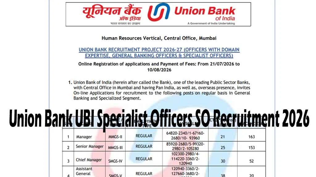 Apply online for Union Bank UBI Specialist Officers SO Recruitment 2026. Check 395 vacancies, eligibility, age limit, salary, selection process & important dates.