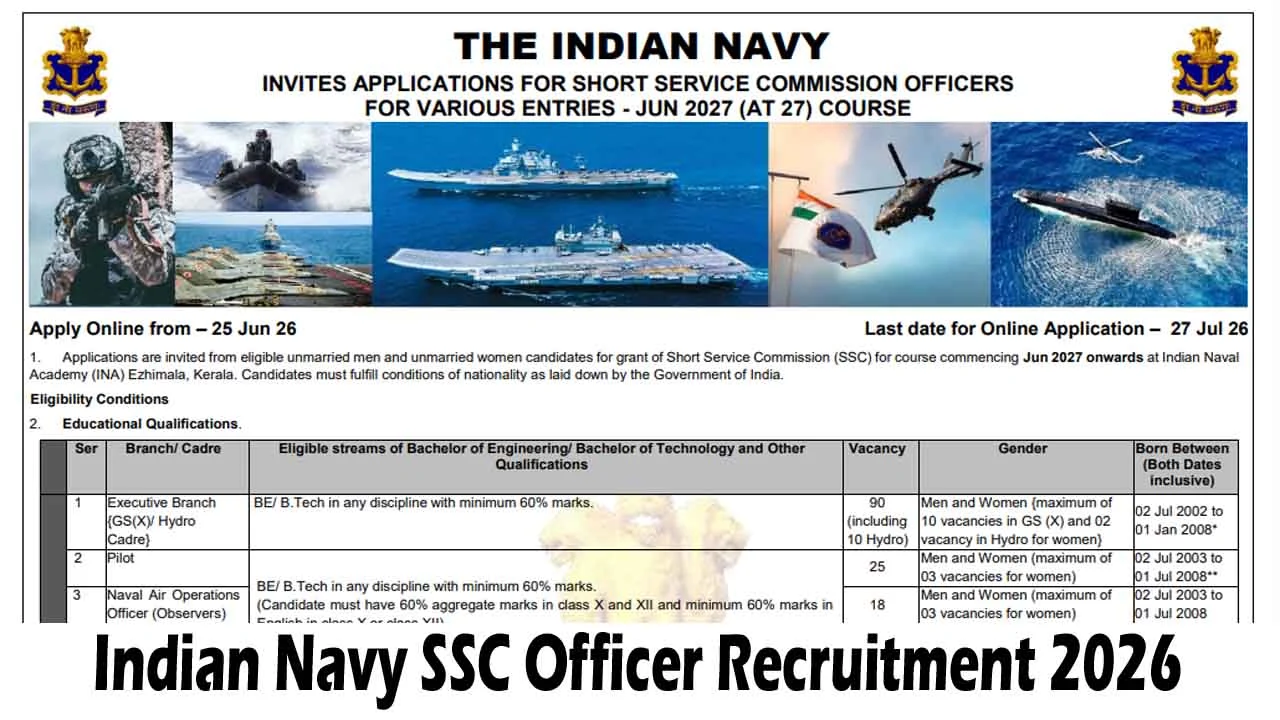 Apply online for Indian Navy SSC Officer Recruitment 2026. Check 275 vacancies, eligibility, age limit, selection process, salary & important dates.